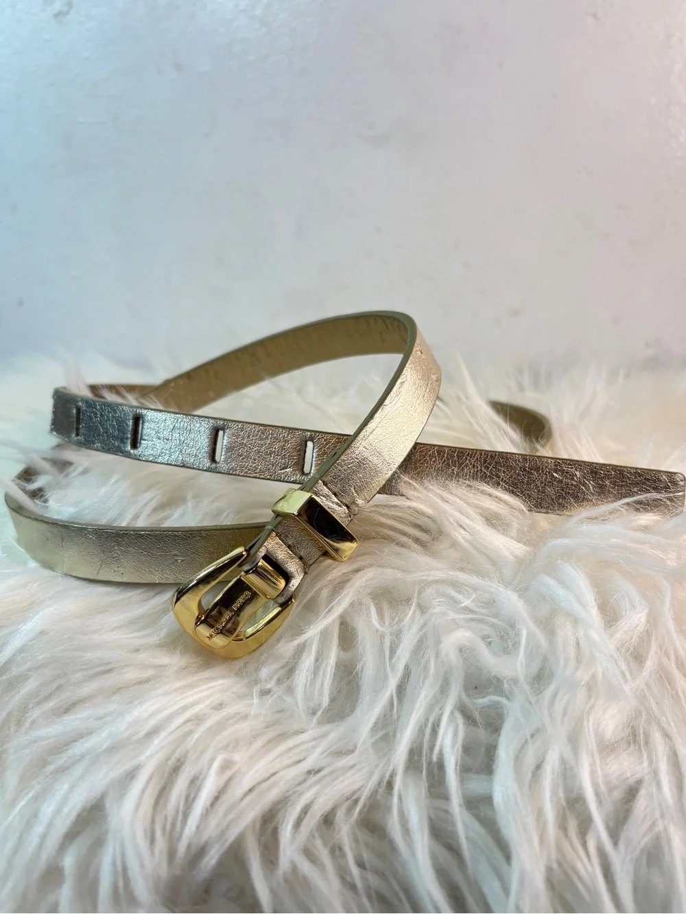 Michael Kors Metallic Gold Slim Leather Belt with Gold Buckle